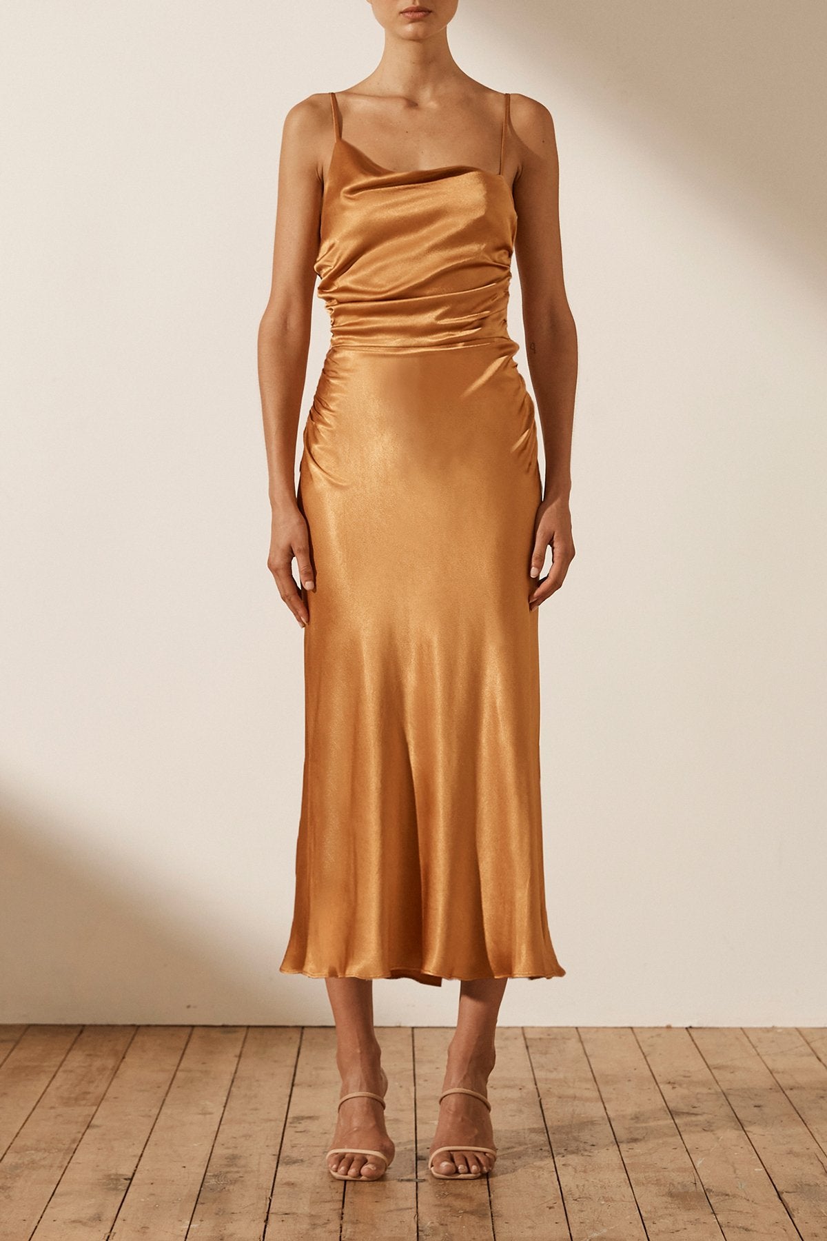 Alma Asymmetrical Bias Cowl Midi Dress ...